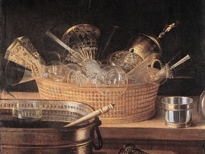 1597-Sebastian Stoskopff - Contenitori di metallo e bicchieri in un cestino